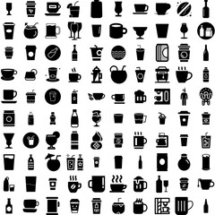 Collection Of 100 Drink Icons Set Isolated Solid Silhouette Icons Including Lifestyle, Happy, Glass, Drink, Beverage, Young, Woman Infographic Elements Vector Illustration Logo