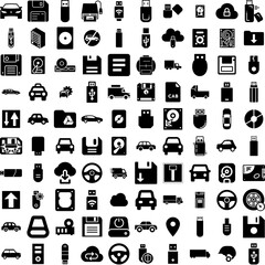 Collection Of 100 Drive Icons Set Isolated Solid Silhouette Icons Including Drive, Vehicle, Transport, Transportation, Auto, Car, Travel Infographic Elements Vector Illustration Logo