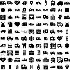 Collection Of 100 Ambulance Icons Set Isolated Solid Silhouette Icons Including Ambulance, Medical, Car, Rescue, Vehicle, Emergency, Transport Infographic Elements Vector Illustration Logo