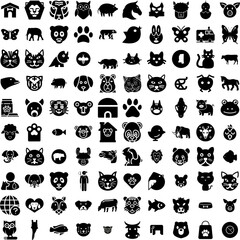 Collection Of 100 Animal Icons Set Isolated Solid Silhouette Icons Including Cartoon, Animal, Character, Cute, Wildlife, Set, Illustration Infographic Elements Vector Illustration Logo