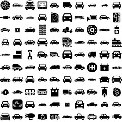 Collection Of 100 Automotive Icons Set Isolated Solid Silhouette Icons Including Vehicle, Transportation, Auto, Technology, Automotive, Automobile, Car Infographic Elements Vector Illustration Logo