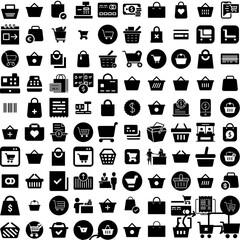 Collection Of 100 Checkout Icons Set Isolated Solid Silhouette Icons Including Customer, Supermarket, Store, Market, Checkout, Payment, Shop Infographic Elements Vector Illustration Logo