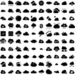 Collection Of 100 Clouds Icons Set Isolated Solid Silhouette Icons Including Blue, White, Vector, Sky, Cloud, Air, Background Infographic Elements Vector Illustration Logo