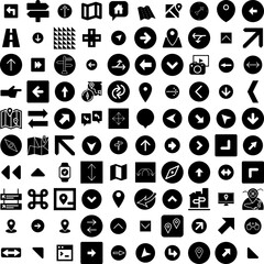 Collection Of 100 Directions Icons Set Isolated Solid Silhouette Icons Including Symbol, Background, Vector, Illustration, Sign, Direction, Arrow Infographic Elements Vector Illustration Logo