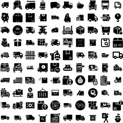 Collection Of 100 Delivery Icons Set Isolated Solid Silhouette Icons Including Shipping, Transport, Delivery, Order, Courier, Service, Fast Infographic Elements Vector Illustration Logo