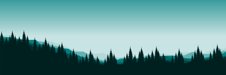 morning sunrise mountain landscape with tree silhouette vector illustration good for wallpaper, background, backdrop, banner, web, panorama, travel, tourism and design template