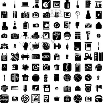 Collection Of 100 Equipment Icons Set Isolated Solid Silhouette Icons Including Healthy, Isolated, Set, Equipment, Sport, Health, Fitness Infographic Elements Vector Illustration Logo