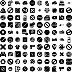 Collection Of 100 Forbidden Icons Set Isolated Solid Silhouette Icons Including Stop, Forbidden, Ban, Symbol, Sign, Red, Icon Infographic Elements Vector Illustration Logo