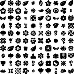 Collection Of 100 Floral Icons Set Isolated Solid Silhouette Icons Including Floral, Illustration, Vintage, Background, Design, Plant, Leaf Infographic Elements Vector Illustration Logo