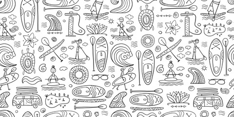 SUP boarding seamless pattern. Stand up paddling background for your design. People on paddle boards and equipment. Colouring page - obrazy, fototapety, plakaty