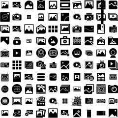 Collection Of 100 Gallery Icons Set Isolated Solid Silhouette Icons Including Gallery, Art, Picture, Exhibition, Painting, Contemporary, Museum Infographic Elements Vector Illustration Logo