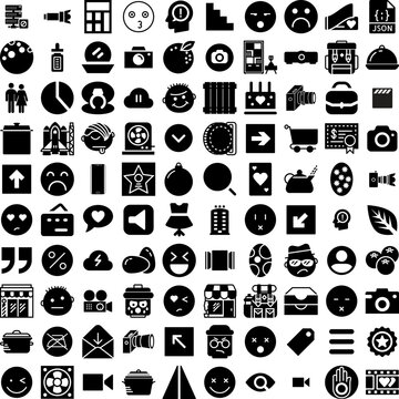 Collection Of 100 Lense Icons Set Isolated Solid Silhouette Icons Including Glow, Abstract, Shine, Light, Background, Flare, Lens Infographic Elements Vector Illustration Logo