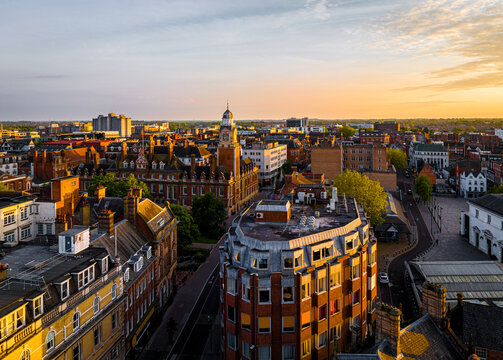 Aerial view of Leicester Town hall in Leicester, a city in England’s East Midlands region