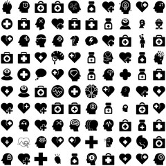 Collection Of 100 Mental Icons Set Isolated Solid Silhouette Icons Including People, Health, Care, Therapy, Mental, Concept, Mind Infographic Elements Vector Illustration Logo