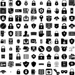 Collection Of 100 Privacy Icons Set Isolated Solid Silhouette Icons Including Internet, Privacy, Security, Cyber, Information, Digital, Technology Infographic Elements Vector Illustration Logo