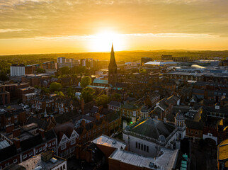 Aerial view of Leicester cathedral in Leicester, a city in England’s East Midlands region