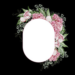 Watercolor wreath with peony flowers and green leaves.