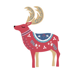 Deer in folklore style. Images of animals with floral ornaments. Nordic and Scandinavian style. Elements of folk art design. For print, fabric, prints and posters, social media and web pages.