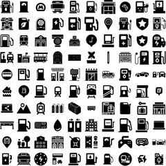 Collection Of 100 Station Icons Set Isolated Solid Silhouette Icons Including Station, Transport, Automobile, Fuel, Car, Energy, Service Infographic Elements Vector Illustration Logo