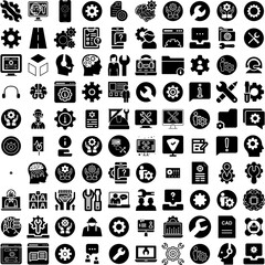 Collection Of 100 Technical Icons Set Isolated Solid Silhouette Icons Including Technical, Technology, Computer, Internet, Center, Service, Support Infographic Elements Vector Illustration Logo