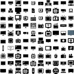 Collection Of 100 Television Icons Set Isolated Solid Silhouette Icons Including Television, Tv, Screen, Video, Technology, Entertainment, Display Infographic Elements Vector Illustration Logo