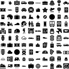 Collection Of 100 Traveling Icons Set Isolated Solid Silhouette Icons Including Holiday, Journey, Tourism, Airplane, Trip, Travel, Vacation Infographic Elements Vector Illustration Logo