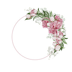 Watercolor wreath with peony flowers and green leaves.