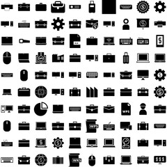 Collection Of 100 Works Icons Set Isolated Solid Silhouette Icons Including Work, Computer, Laptop, Office, Business, Technology, Internet Infographic Elements Vector Illustration Logo