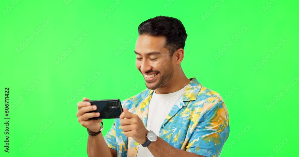 Sticker Green screen, phone and web picture with man and photography taking a photo for social media. Isolated, studio background and model with mobile and holiday tourist with travel and happy smile