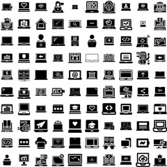 Collection Of 100 Laptop Icons Set Isolated Solid Silhouette Icons Including Computer, Screen, Isolated, Technology, Laptop, Notebook, Digital Infographic Elements Vector Illustration Logo