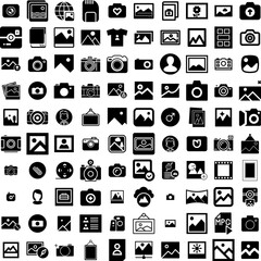 Collection Of 100 Picture Icons Set Isolated Solid Silhouette Icons Including Photo, Background, Blank, Frame, Art, Picture, Empty Infographic Elements Vector Illustration Logo