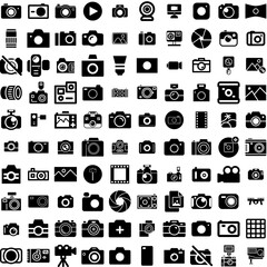 Collection Of 100 Photography Icons Set Isolated Solid Silhouette Icons Including Technology, Photo, Camera, Photographer, Lens, Equipment, Photography Infographic Elements Vector Illustration Logo