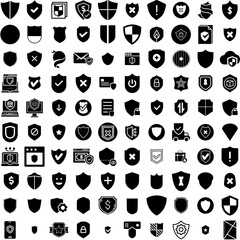Collection Of 100 Shield Icons Set Isolated Solid Silhouette Icons Including Protect, Design, Icon, Shield, Symbol, Security, Protection Infographic Elements Vector Illustration Logo