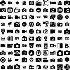 Collection Of 100 Camera Icons Set Isolated Solid Silhouette Icons Including Camera, Digital, Photo, Photography, Equipment, Illustration, Lens Infographic Elements Vector Illustration Logo