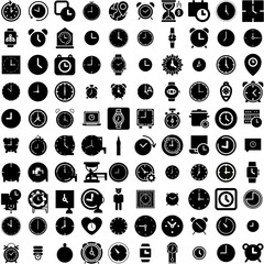 Collection Of 100 Clock Icons Set Isolated Solid Silhouette Icons Including Icon, Clock, Hour, Time, Timer, Watch, Alarm Infographic Elements Vector Illustration Logo