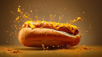 Explosive hotdog on brown and yellow background - Generative AI - obrazy, fototapety, plakaty