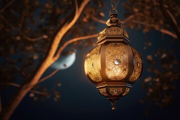 A lamp hanging from a tree with the moon in the background Generative Ai