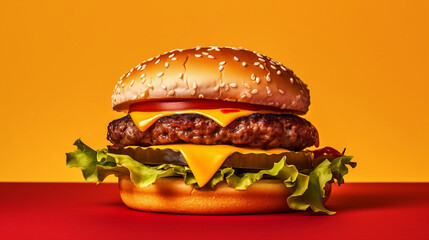 Hamburger on yellow and red background - Generative AI