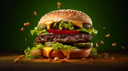 Hamburger on green background - Generative AI