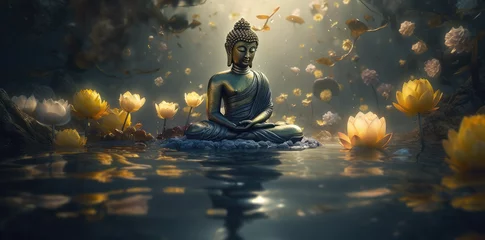 Gordijnen glowing Lotus flowers and gold buddha statue, generative AI   © Kien