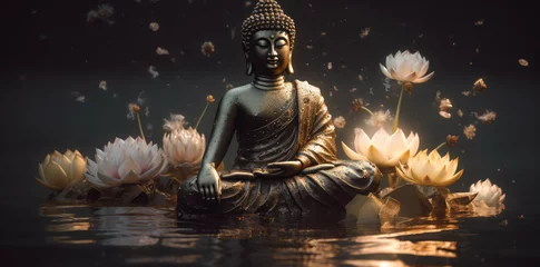 Rolgordijnen glowing Lotus flowers and gold buddha statue, generative AI   © Kien