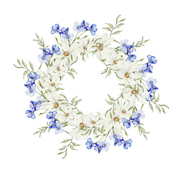 Watercolor wreath with forget me not flowers, chamomile and hudrangea, green leaves.