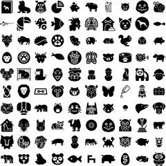 Collection Of 100 Animal Icons Set Isolated Solid Silhouette Icons Including Cute, Character, Illustration, Wildlife, Animal, Cartoon, Set Infographic Elements Vector Illustration Logo