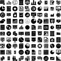 Collection Of 100 Analytics Icons Set Isolated Solid Silhouette Icons Including Technology, Data, Chart, Financial, Finance, Business, Graph Infographic Elements Vector Illustration Logo