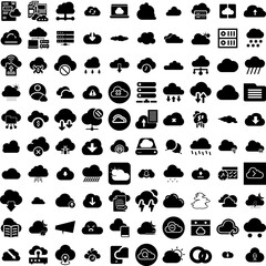 Collection Of 100 Cloud Icons Set Isolated Solid Silhouette Icons Including Air, Blue, Sky, Cloud, Vector, White, Background Infographic Elements Vector Illustration Logo
