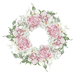 Watercolor wreath with roses flowers and chamomile,leaves.