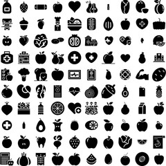 Collection Of 100 Healthy Icons Set Isolated Solid Silhouette Icons Including Lifestyle, Healthy, Organic, Food, Vegetable, Fresh, Diet Infographic Elements Vector Illustration Logo