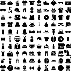 Collection Of 100 Fashion Icons Set Isolated Solid Silhouette Icons Including Fashionable, Model, Style, Fashion, Woman, Trendy, Beautiful Infographic Elements Vector Illustration Logo