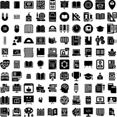 Collection Of 100 Learning Icons Set Isolated Solid Silhouette Icons Including Student, Laptop, Computer, Online, Internet, Education, School Infographic Elements Vector Illustration Logo