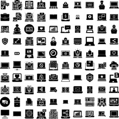 Collection Of 100 Laptop Icons Set Isolated Solid Silhouette Icons Including Laptop, Notebook, Screen, Computer, Isolated, Digital, Technology Infographic Elements Vector Illustration Logo